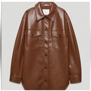 Wilfred Cognac Oversized Brown Leather Shirt Jacket with Classic Collar